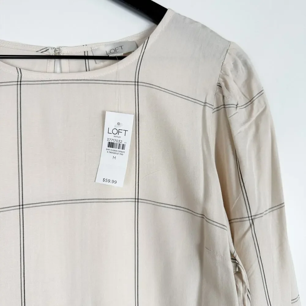 New LOFT Windowpane Beige Blouse Puff Sleeves Top - M